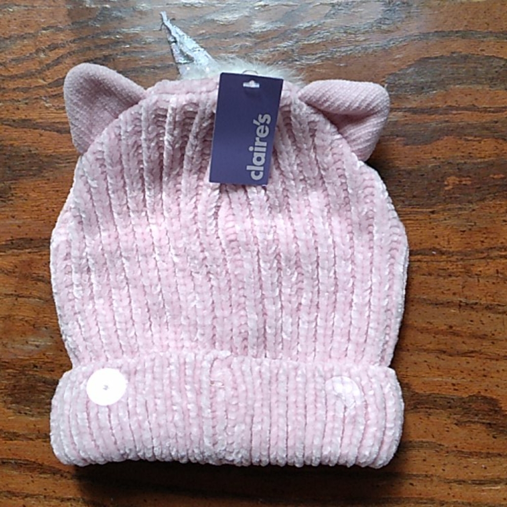 NWT "Claires" pink unicorn knit hat